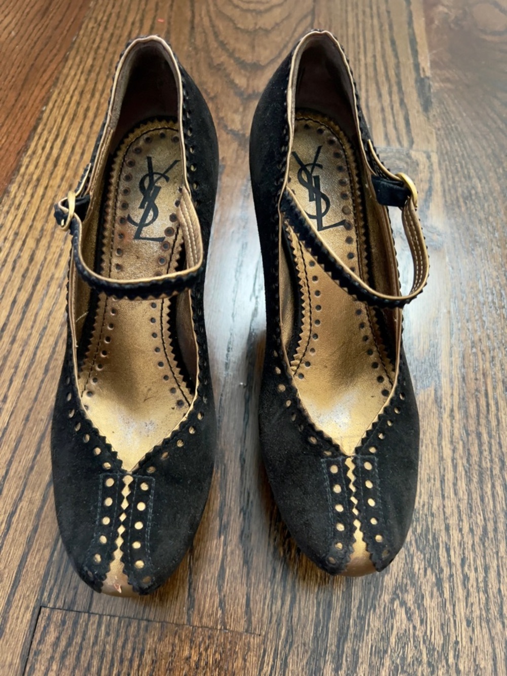 Authentic Saint Laurent Black Suede Mary Jane Heels with Gold Interior